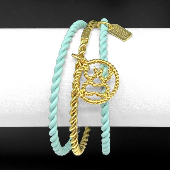COACH Bangle Bracelet Set Gold Tone Blue Enamel - Picture 1 of 3